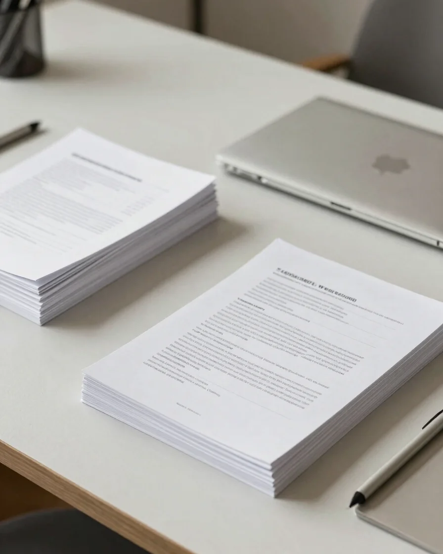 Modern editorial photograph of an organized desk with neutral sta